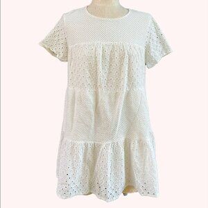 William B White 100% Cotton Tiered Short Dress Eyelet Summer Boho